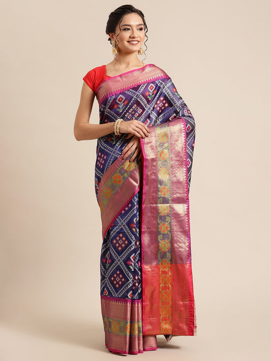 Faishana Presents Royal Blue & Magenta Ikkat Patola Art Silk Skirt Pattu Border With Magenta Blouse Banarasi Saree