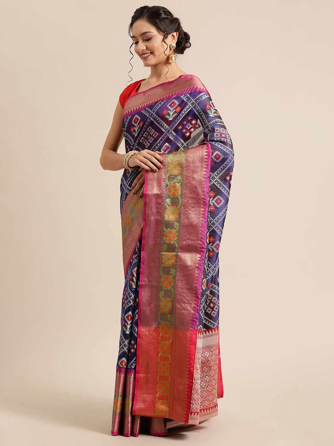 Faishana Presents Royal Blue & Magenta Ikkat Patola Art Silk Skirt Pattu Border With Magenta Blouse Banarasi Saree