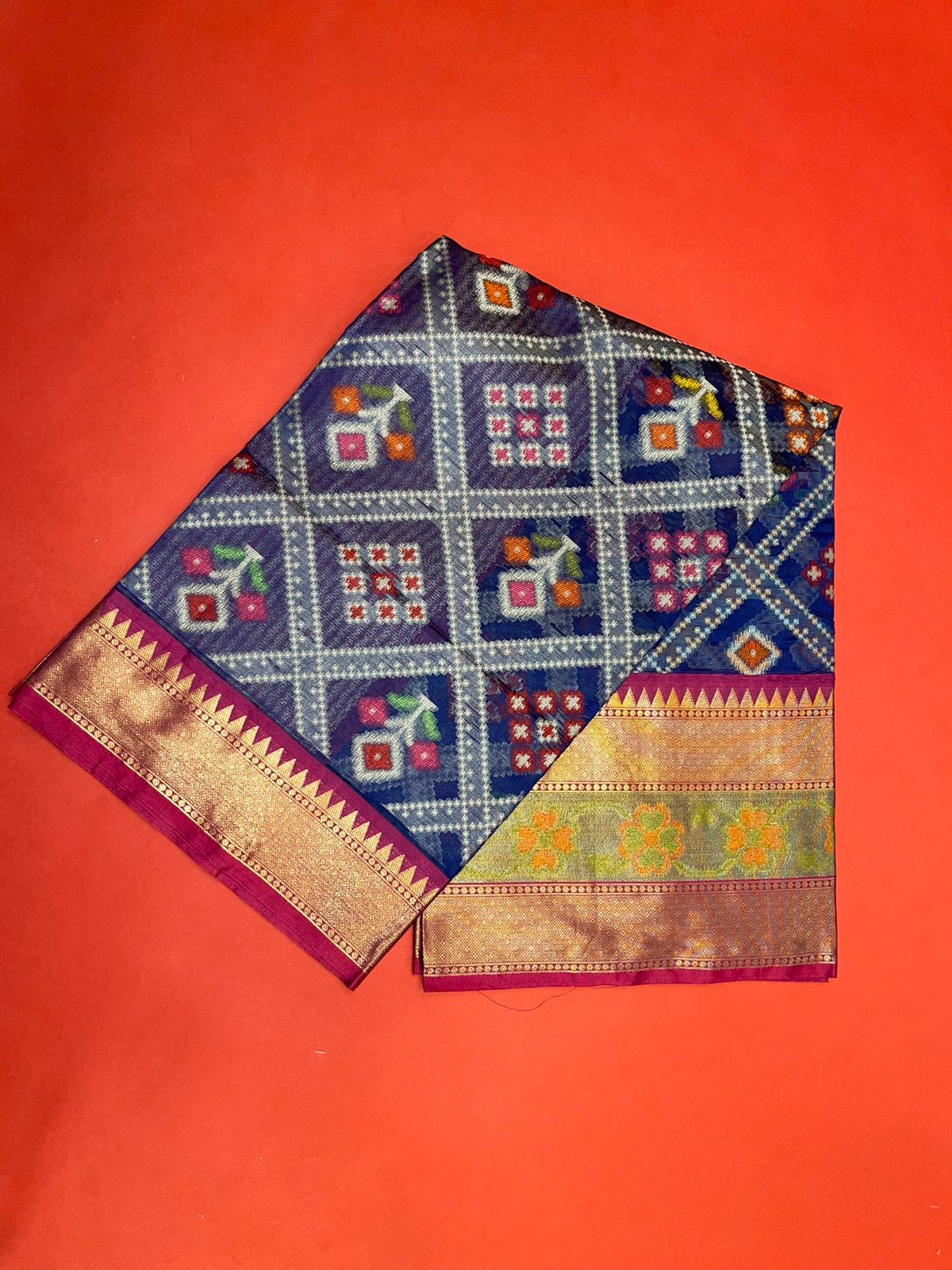 Faishana Presents Royal Blue & Magenta Ikkat Patola Art Silk Skirt Pattu Border With Magenta Blouse Banarasi Saree