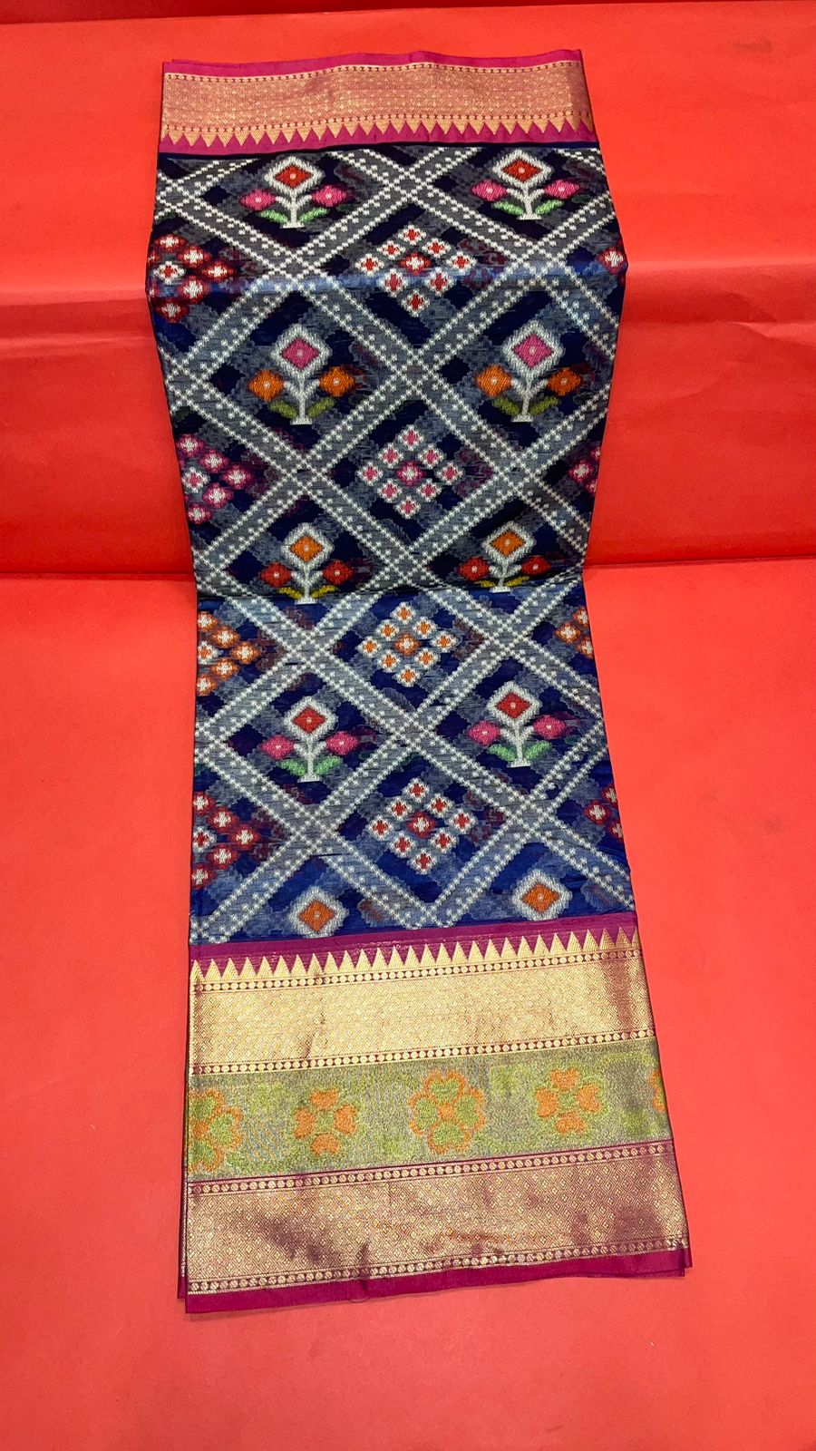Faishana Presents Royal Blue & Magenta Ikkat Patola Art Silk Skirt Pattu Border With Magenta Blouse Banarasi Saree