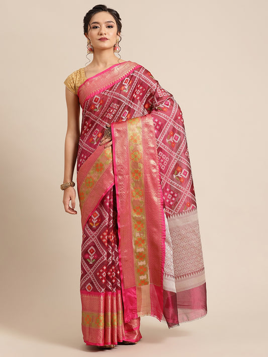 Faishana Presents Magenta & Pink Ikkat Patola Art Silk Skirt Ikkat Pattu Border With Pink Blouse Banarasi Saree