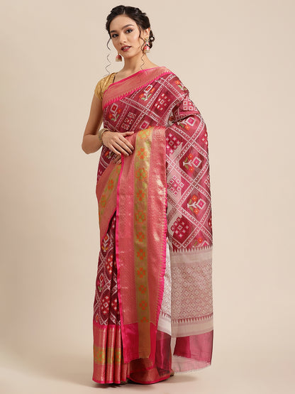 Faishana Presents Magenta & Pink Ikkat Patola Art Silk Skirt Ikkat Pattu Border With Pink Blouse Banarasi Saree