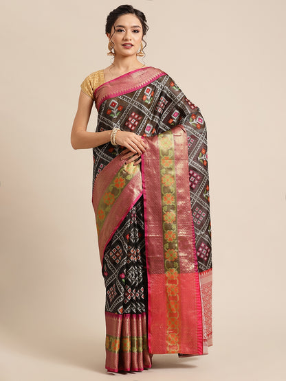 Faishana Presents Black & Magenta Ikkat Patola Art Silk Skirt Pattu Border With Magenta Blouse Banarasi Saree