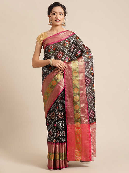 Faishana Presents Black & Magenta Ikkat Patola Art Silk Skirt Pattu Border With Magenta Blouse Banarasi Saree