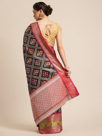 Faishana Presents Black & Magenta Ikkat Patola Art Silk Skirt Pattu Border With Magenta Blouse Banarasi Saree
