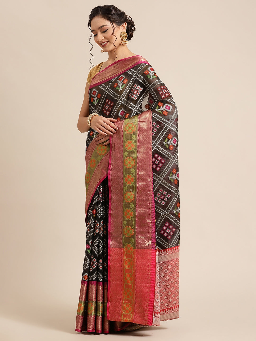 Faishana Presents Black & Magenta Ikkat Patola Art Silk Skirt Pattu Border With Magenta Blouse Banarasi Saree