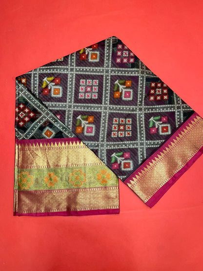 Faishana Presents Black & Magenta Ikkat Patola Art Silk Skirt Pattu Border With Magenta Blouse Banarasi Saree