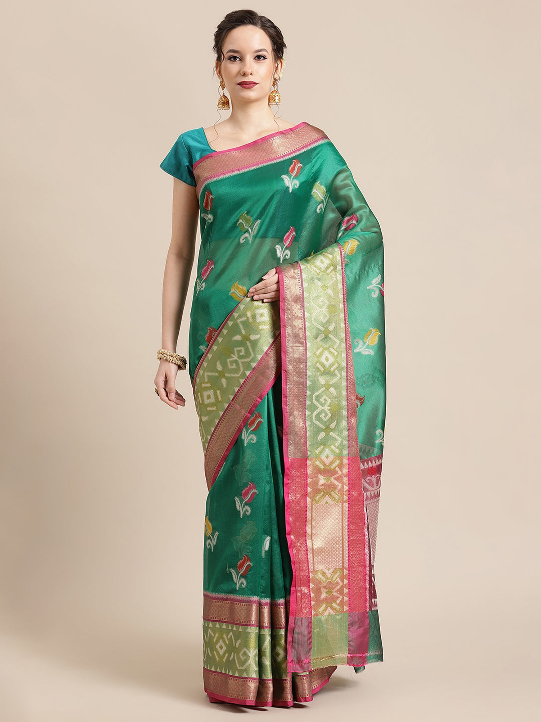 Faishana Presents Bottle Green & Pink Ikkat Patola Art Silk Skirt Pattu Border With Pink Blouse Banarasi Saree