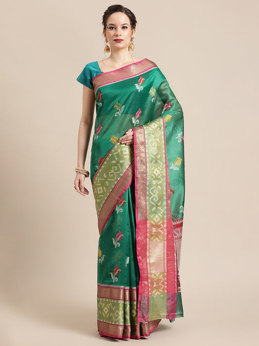 Faishana Presents Bottle Green & Pink Ikkat Patola Art Silk Skirt Pattu Border With Pink Blouse Banarasi Saree