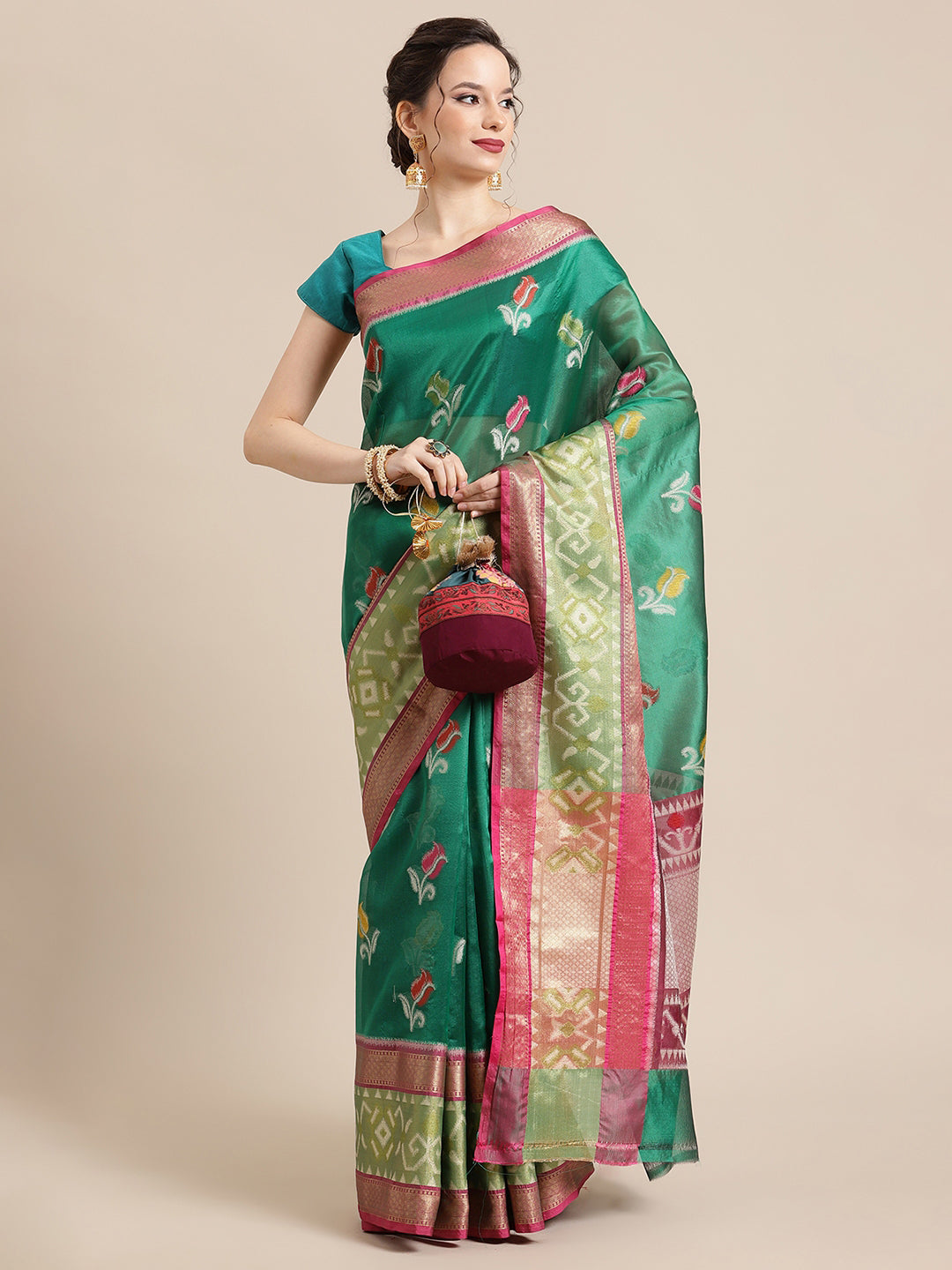 Faishana Presents Bottle Green & Pink Ikkat Patola Art Silk Skirt Pattu Border With Pink Blouse Banarasi Saree