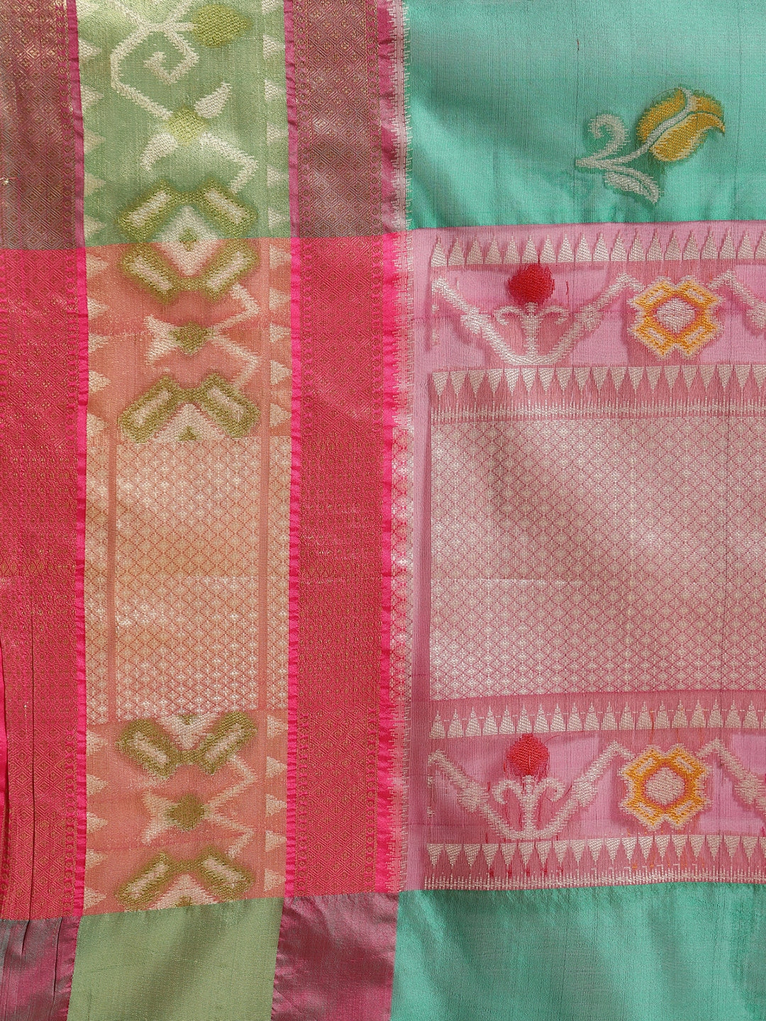 Faishana Presents Bottle Green & Pink Ikkat Patola Art Silk Skirt Pattu Border With Pink Blouse Banarasi Saree