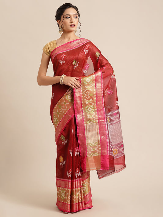 Faishana Presents Maroon & Pink Ikkat Patola Art Silk Skirt Pattu Border With Pink Blouse Banarasi Saree