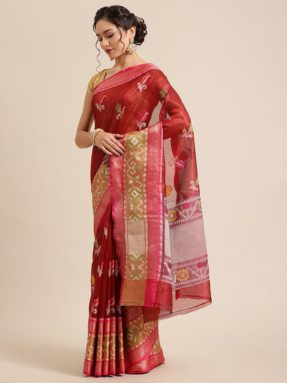 Faishana Presents Maroon & Pink Ikkat Patola Art Silk Skirt Pattu Border With Pink Blouse Banarasi Saree
