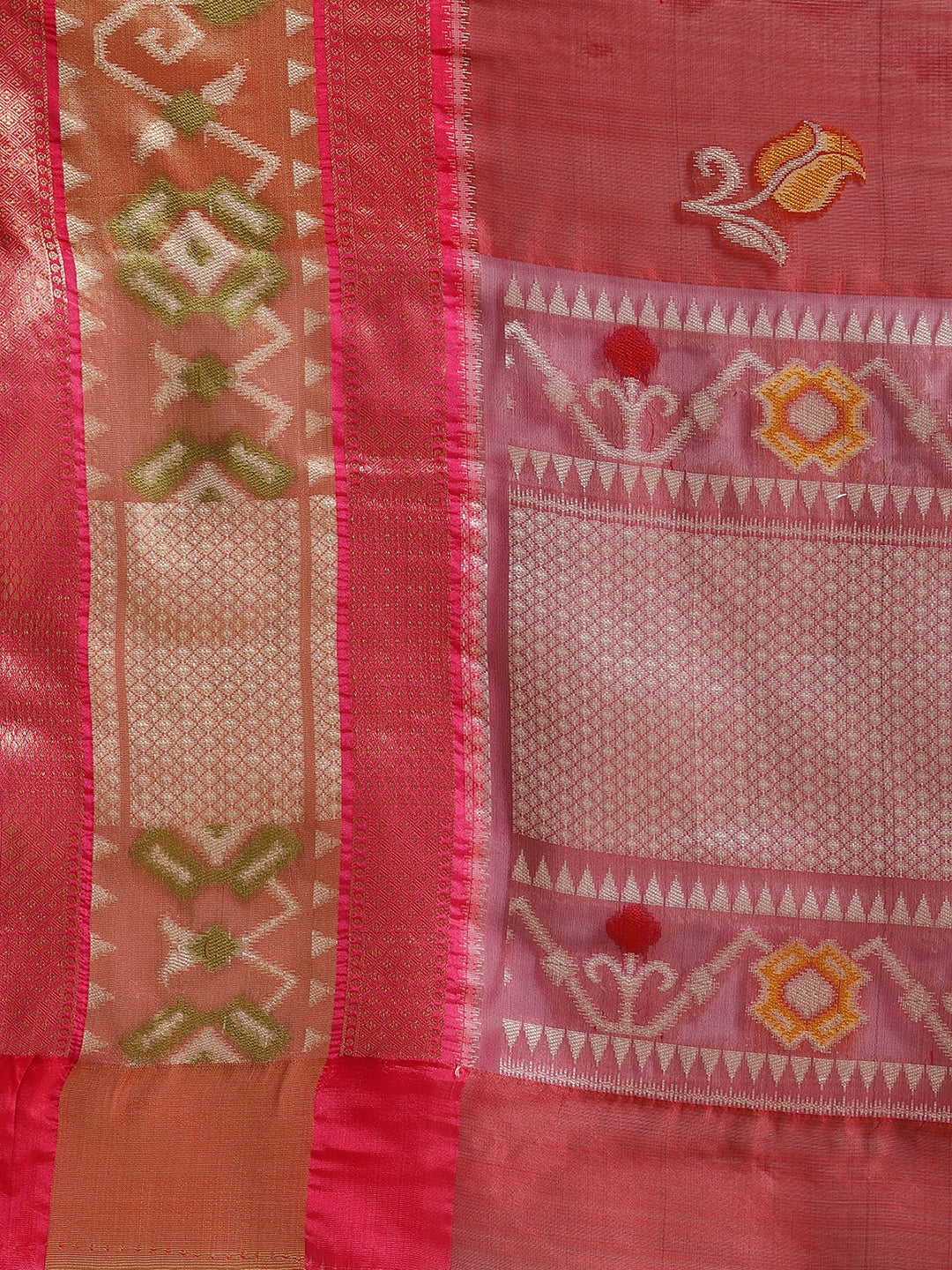Faishana Presents Maroon & Pink Ikkat Patola Art Silk Skirt Pattu Border With Pink Blouse Banarasi Saree