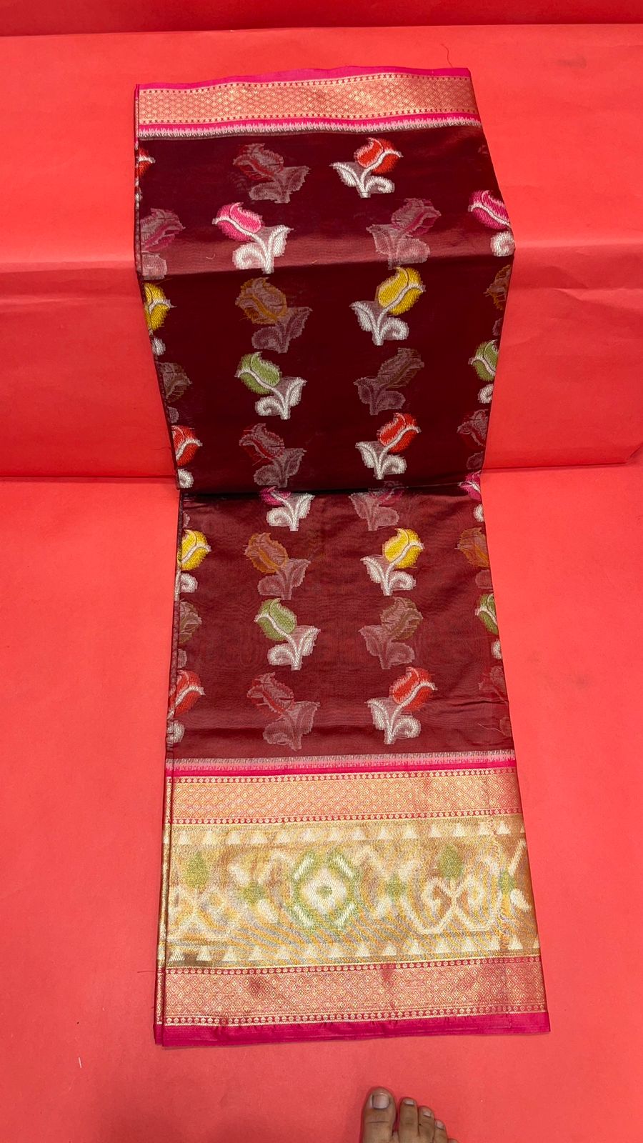 Faishana Presents Maroon & Pink Ikkat Patola Art Silk Skirt Pattu Border With Pink Blouse Banarasi Saree