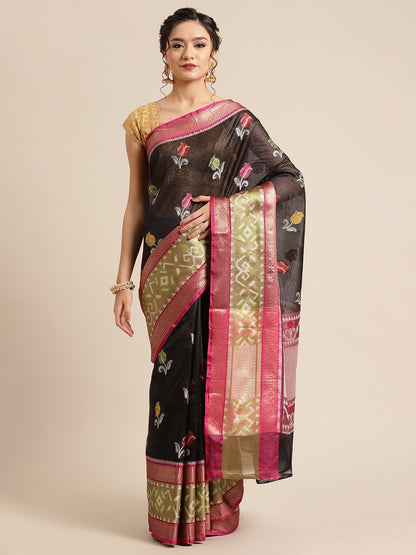 Faishana Presents Black & Magenta Ikkat Patola Art Silk Skirt Pattu Border With Magenta Blouse Banarasi Saree