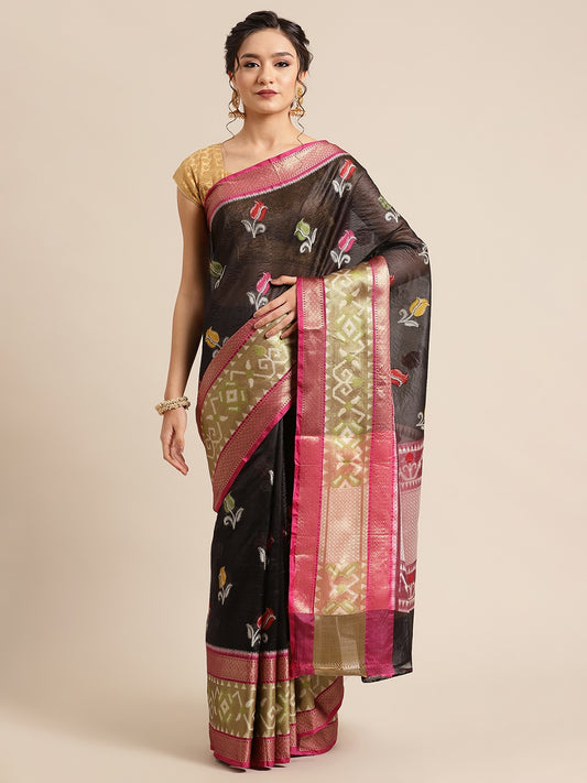 Faishana Presents Black & Magenta Ikkat Patola Art Silk Skirt Pattu Border With Magenta Blouse Banarasi Saree