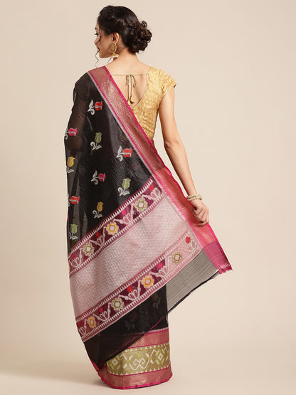 Faishana Presents Black & Magenta Ikkat Patola Art Silk Skirt Pattu Border With Magenta Blouse Banarasi Saree