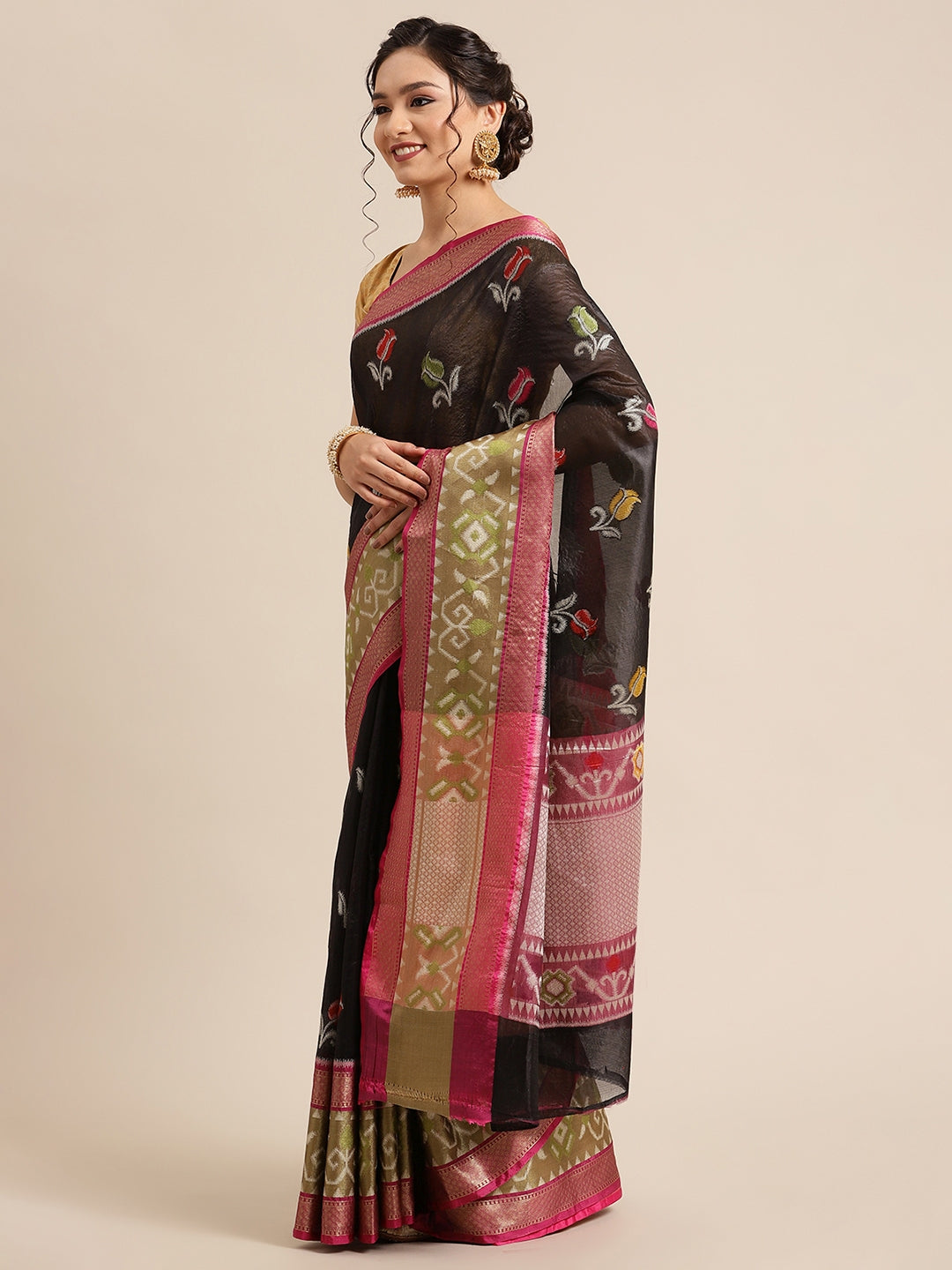 Faishana Presents Black & Magenta Ikkat Patola Art Silk Skirt Pattu Border With Magenta Blouse Banarasi Saree