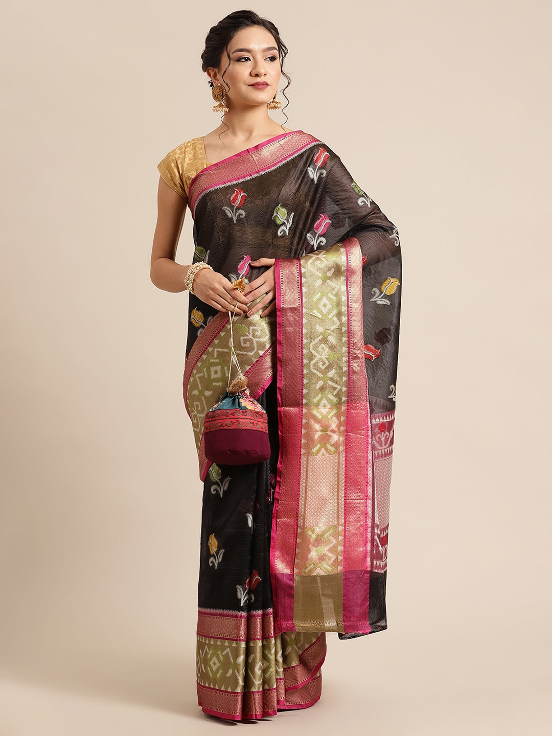 Faishana Presents Black & Magenta Ikkat Patola Art Silk Skirt Pattu Border With Magenta Blouse Banarasi Saree