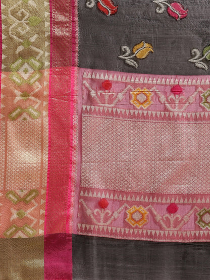 Faishana Presents Black & Magenta Ikkat Patola Art Silk Skirt Pattu Border With Magenta Blouse Banarasi Saree