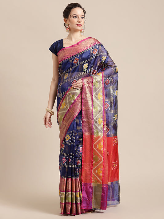 Faishana Presents Royal Blue & Red Rajkot Patola Art Silk Skirt Pattu Border With Red Blouse Banarasi Saree