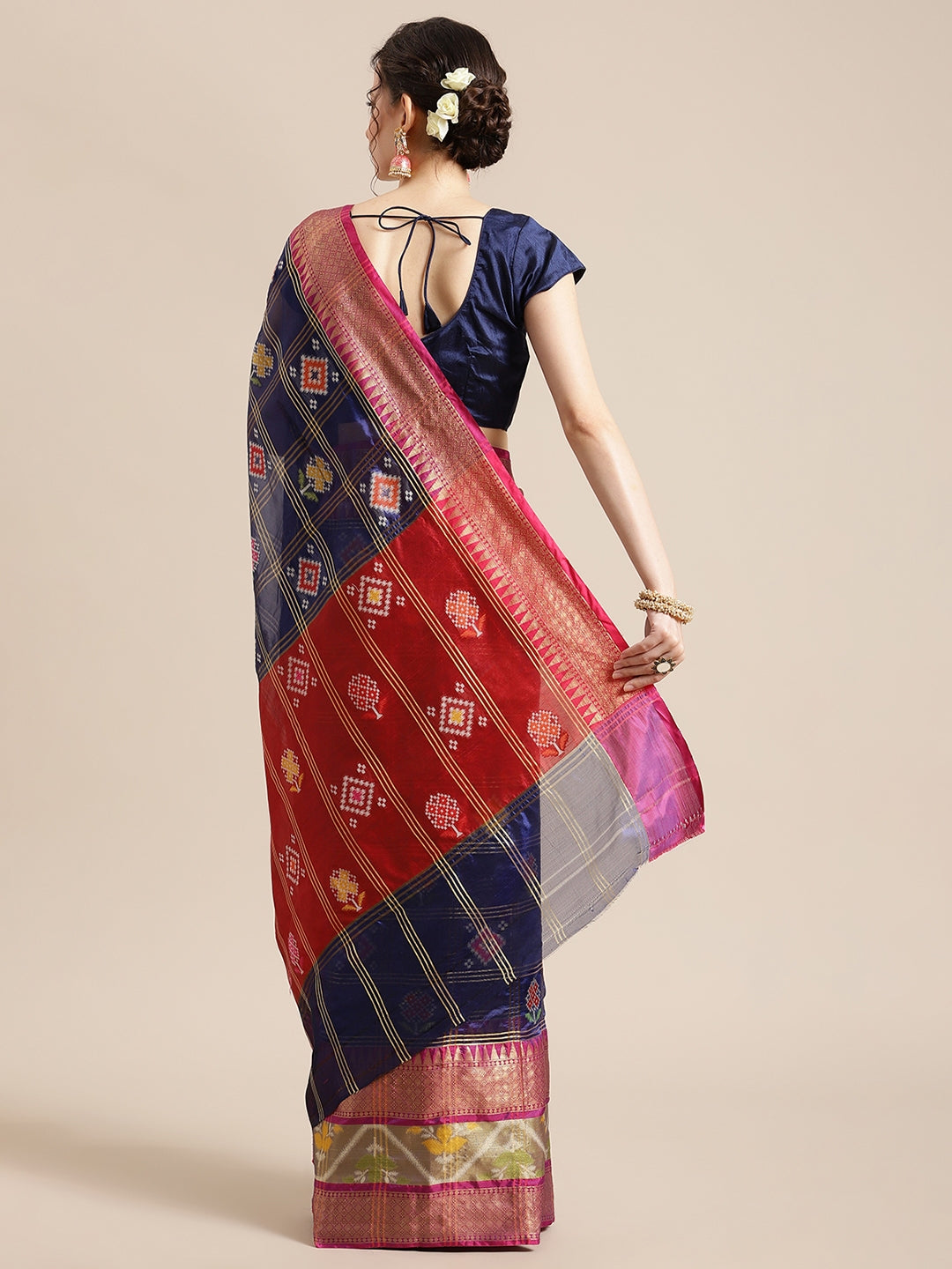 Faishana Presents Royal Blue & Red Rajkot Patola Art Silk Skirt Pattu Border With Red Blouse Banarasi Saree