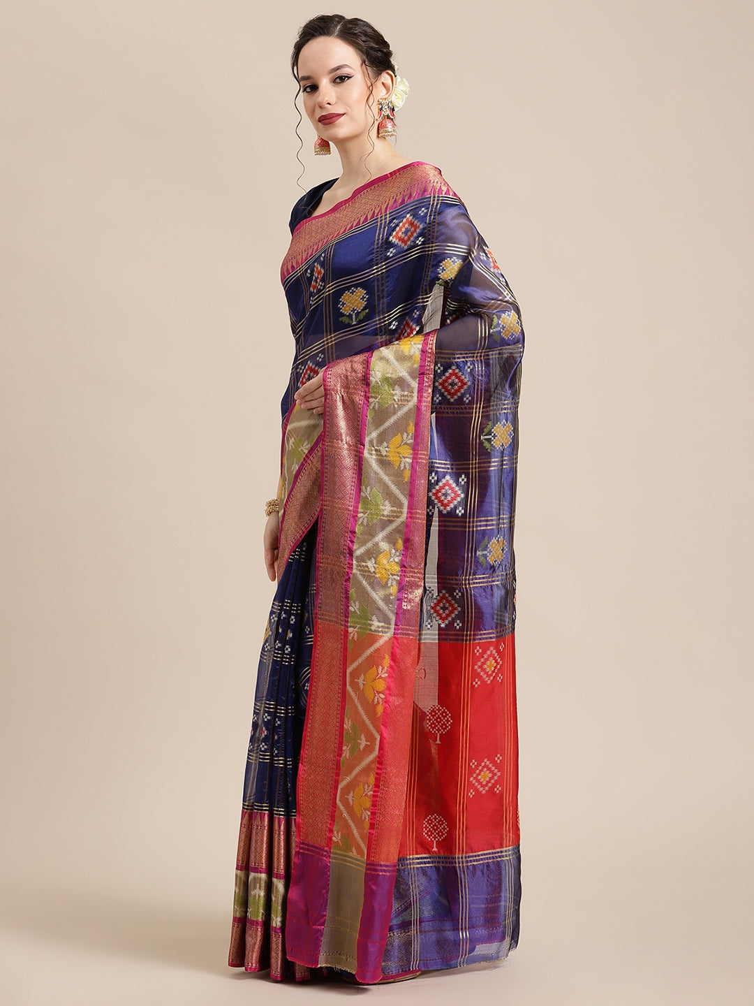 Faishana Presents Royal Blue & Red Rajkot Patola Art Silk Skirt Pattu Border With Red Blouse Banarasi Saree