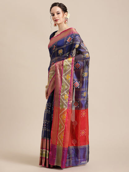 Faishana Presents Royal Blue & Red Rajkot Patola Art Silk Skirt Pattu Border With Red Blouse Banarasi Saree