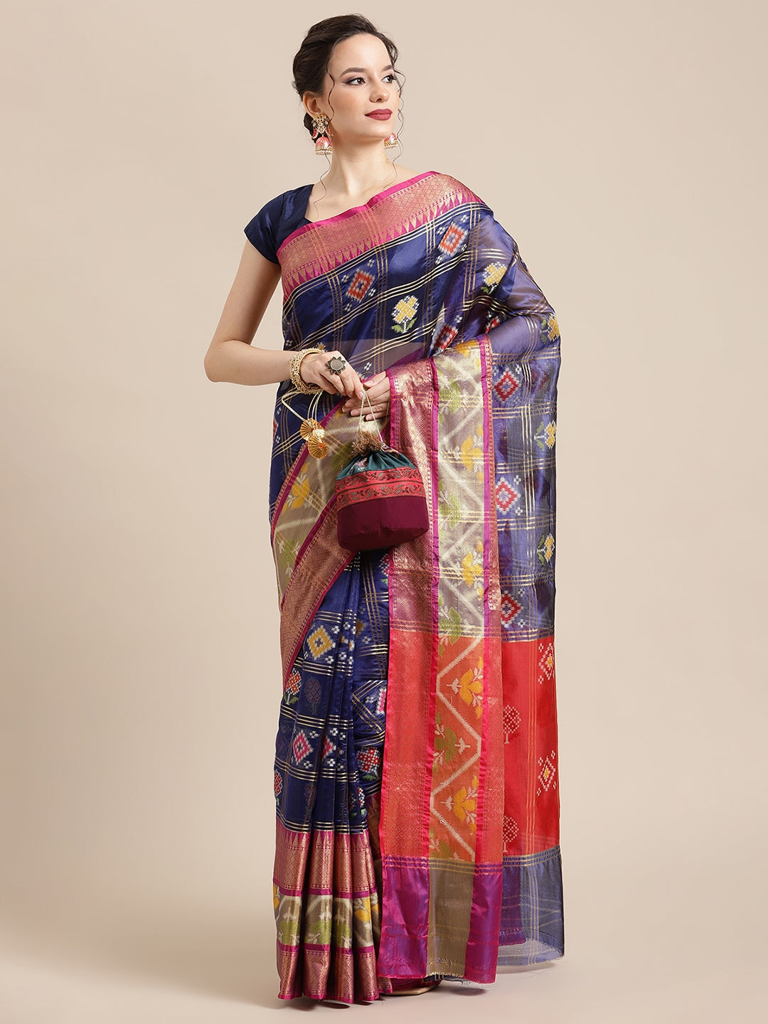 Faishana Presents Royal Blue & Red Rajkot Patola Art Silk Skirt Pattu Border With Red Blouse Banarasi Saree