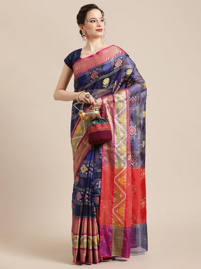Faishana Presents Royal Blue & Red Rajkot Patola Art Silk Skirt Pattu Border With Red Blouse Banarasi Saree