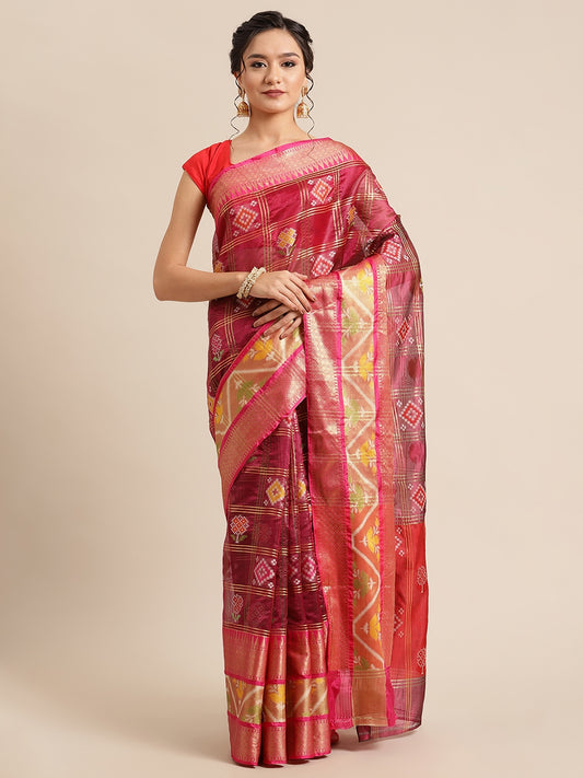 Faishana Presents Magenta & Red Rajkot Patola Art Silk Skirt Pattu Border With Red Blouse Banarasi Saree