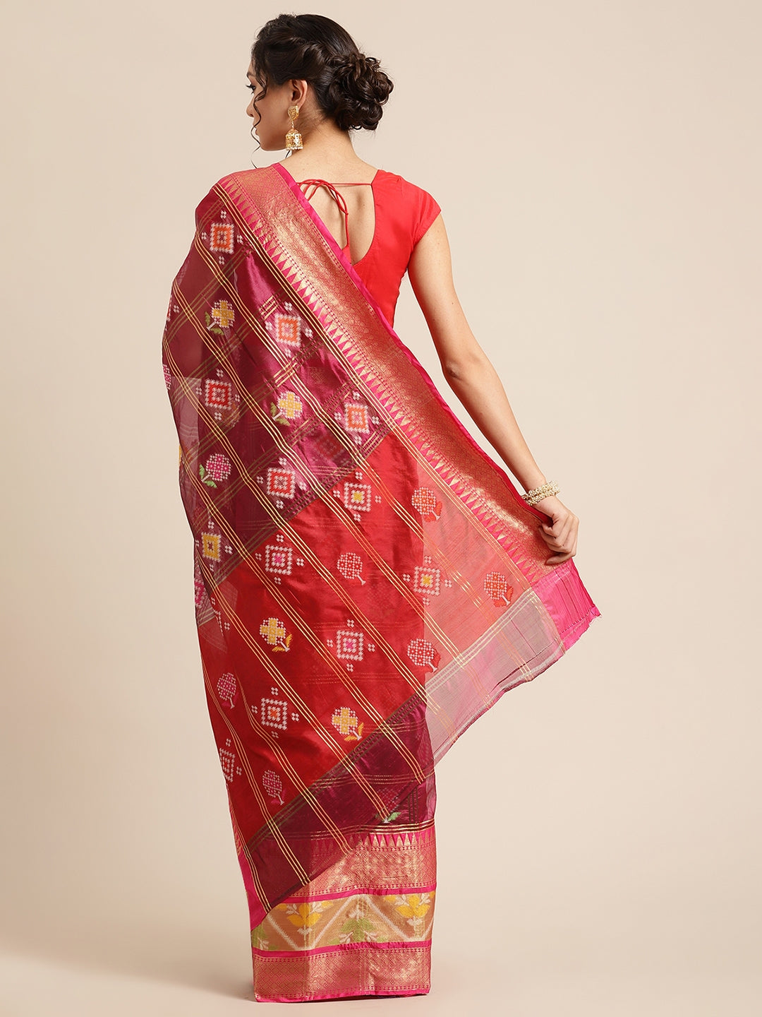 Faishana Presents Magenta & Red Rajkot Patola Art Silk Skirt Pattu Border With Red Blouse Banarasi Saree