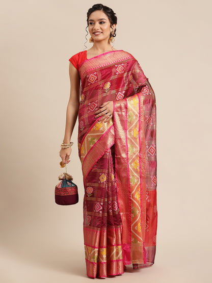 Faishana Presents Magenta & Red Rajkot Patola Art Silk Skirt Pattu Border With Red Blouse Banarasi Saree