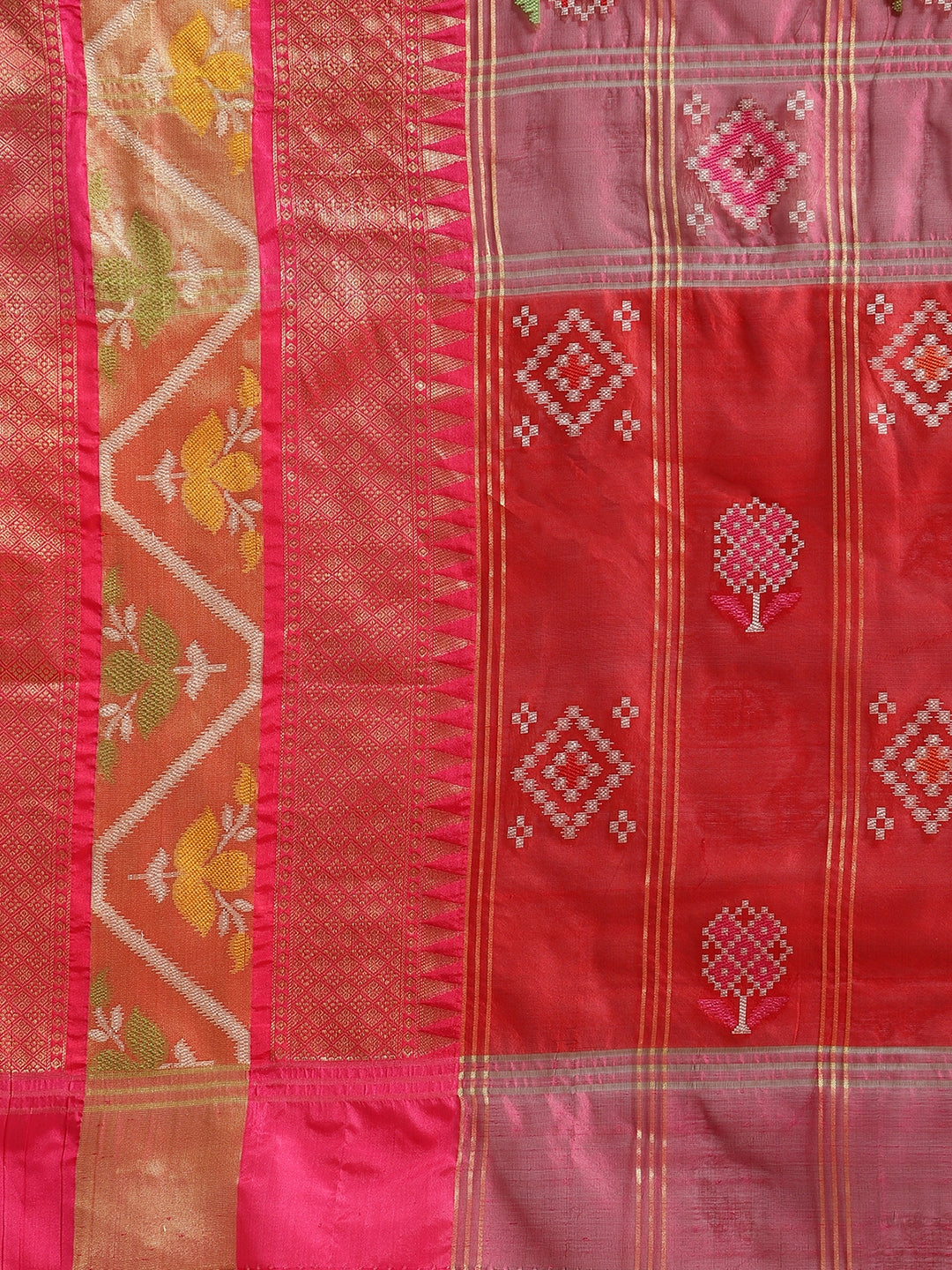 Faishana Presents Magenta & Red Rajkot Patola Art Silk Skirt Pattu Border With Red Blouse Banarasi Saree