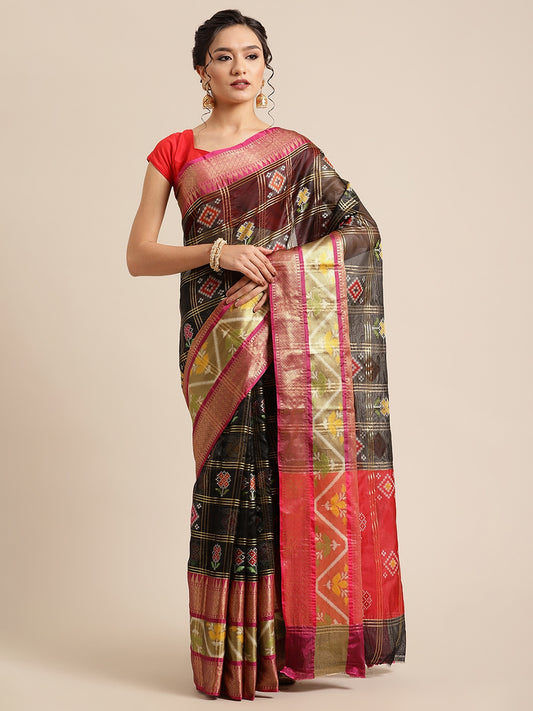 Faishana Presents Black & Red Rajkot Patola Art Silk Skirt Pattu Border With Red Blouse Banarasi Saree
