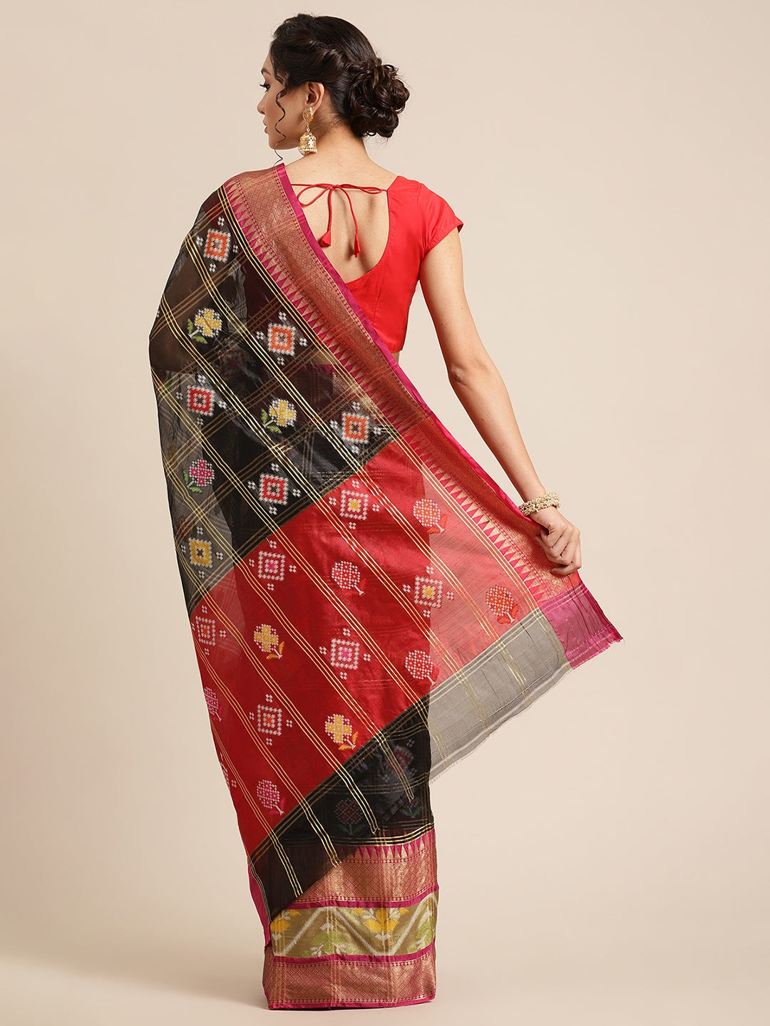Faishana Presents Black & Red Rajkot Patola Art Silk Skirt Pattu Border With Red Blouse Banarasi Saree