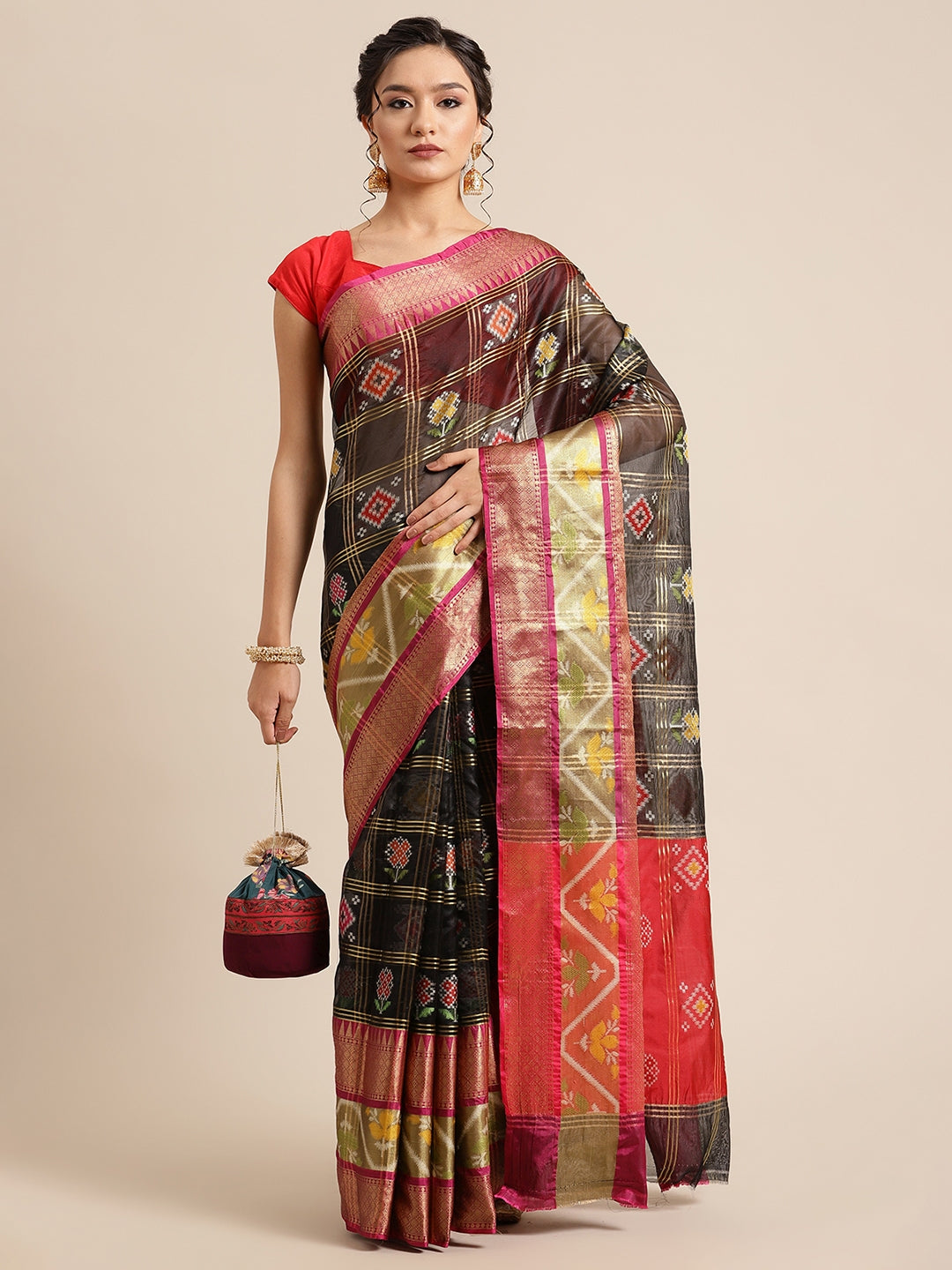 Faishana Presents Black & Red Rajkot Patola Art Silk Skirt Pattu Border With Red Blouse Banarasi Saree