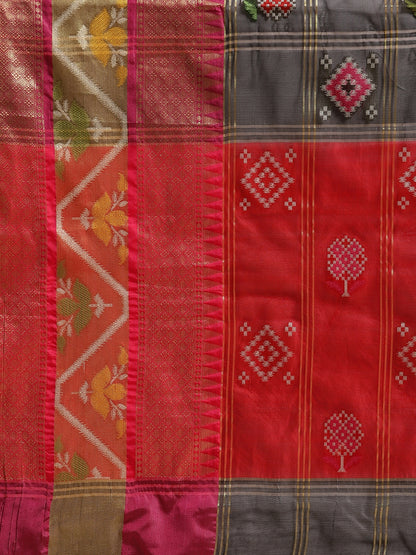 Faishana Presents Black & Red Rajkot Patola Art Silk Skirt Pattu Border With Red Blouse Banarasi Saree