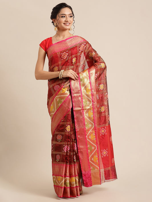 Faishana Presents Maroon & Red Rajkot Patola Art Silk Skirt Pattu Border With Red Blouse Banarasi Saree