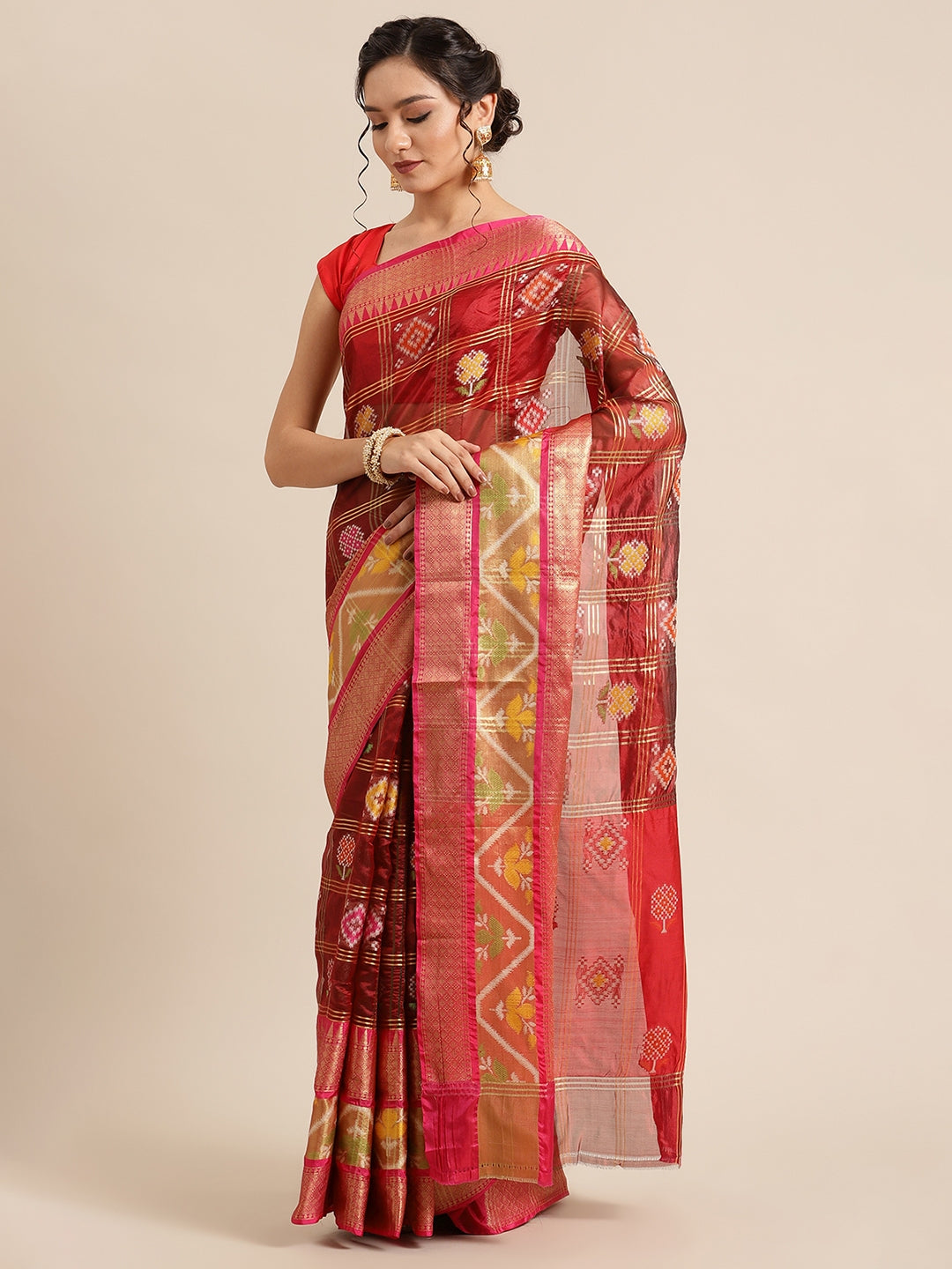 Faishana Presents Maroon & Red Rajkot Patola Art Silk Skirt Pattu Border With Red Blouse Banarasi Saree