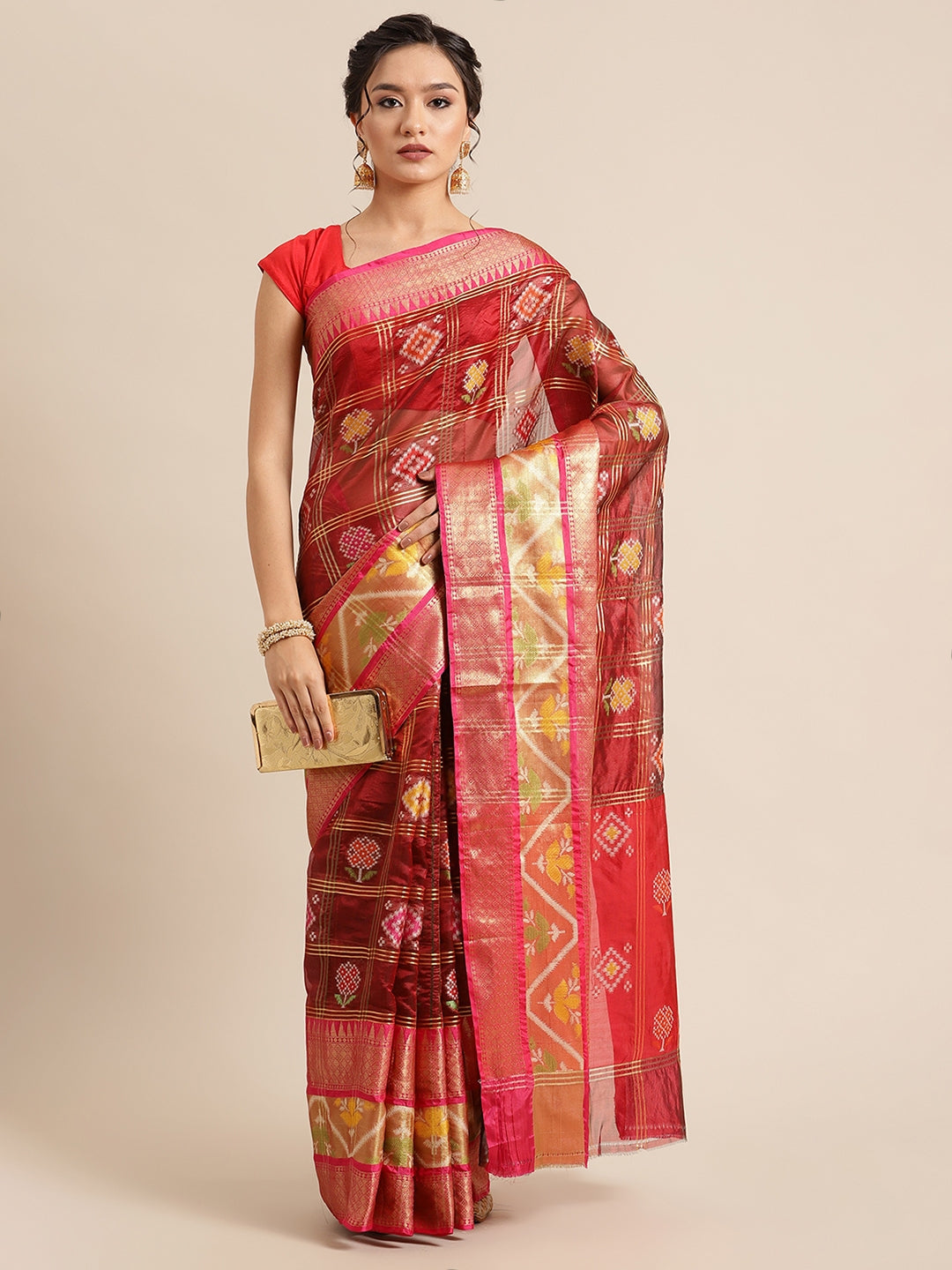 Faishana Presents Maroon & Red Rajkot Patola Art Silk Skirt Pattu Border With Red Blouse Banarasi Saree