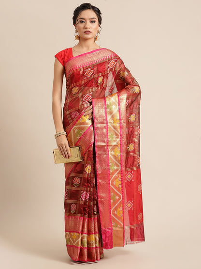 Faishana Presents Maroon & Red Rajkot Patola Art Silk Skirt Pattu Border With Red Blouse Banarasi Saree