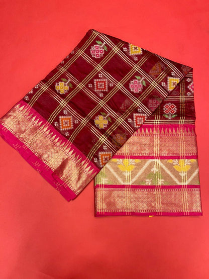 Faishana Presents Maroon & Red Rajkot Patola Art Silk Skirt Pattu Border With Red Blouse Banarasi Saree