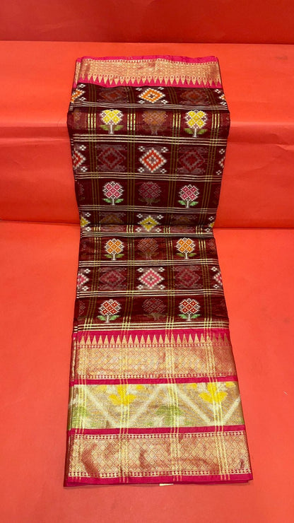 Faishana Presents Maroon & Red Rajkot Patola Art Silk Skirt Pattu Border With Red Blouse Banarasi Saree