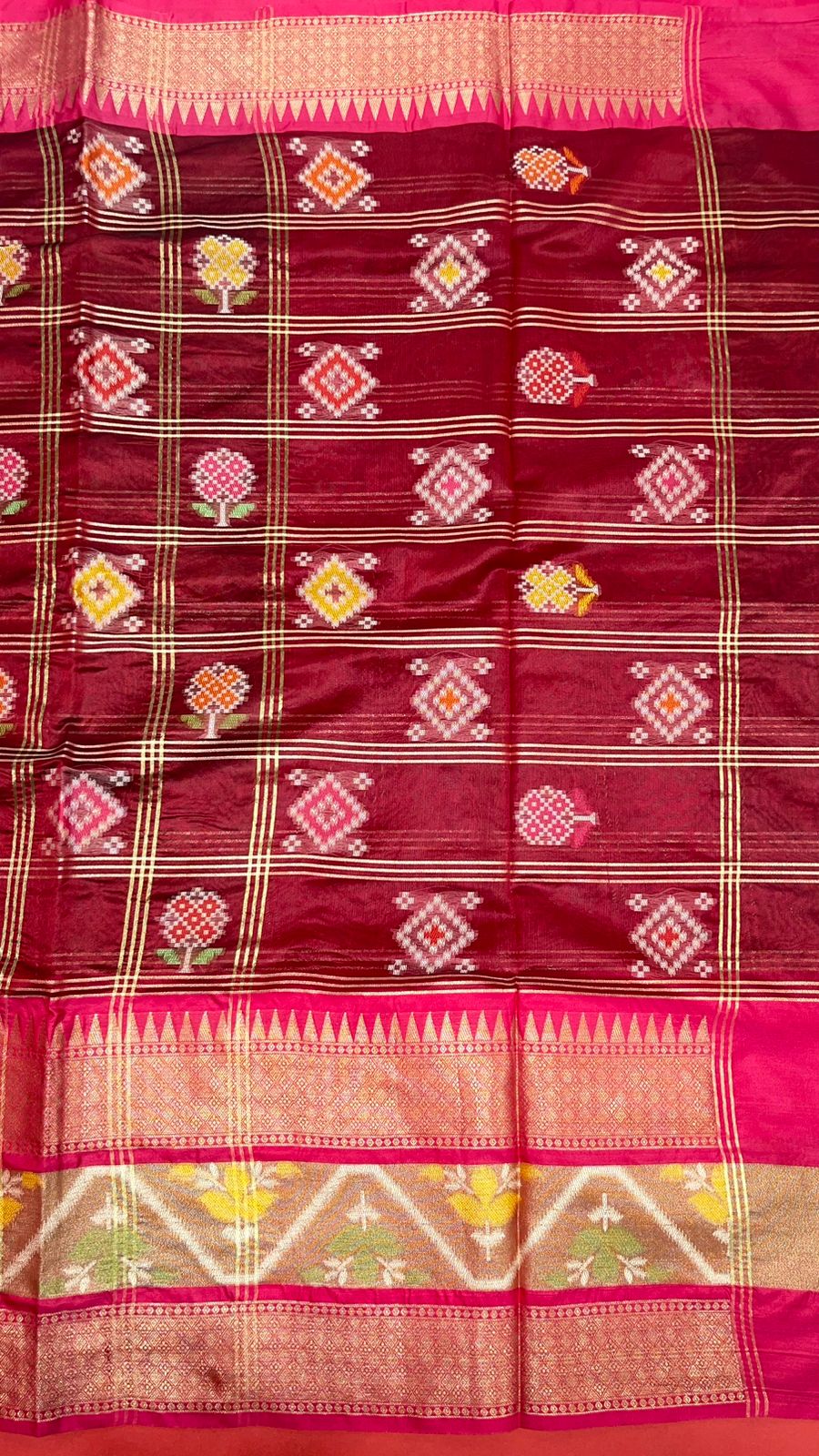 Faishana Presents Maroon & Red Rajkot Patola Art Silk Skirt Pattu Border With Red Blouse Banarasi Saree