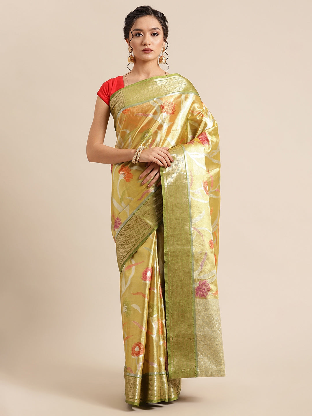 Faishana Presents Gold & Green Tissue Meena Jaal Border With Green Blouse Banarasi Saree