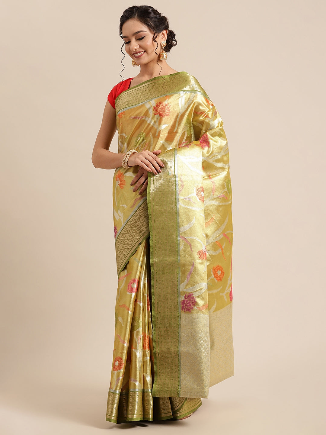 Faishana Presents Gold & Green Tissue Meena Jaal Border With Green Blouse Banarasi Saree