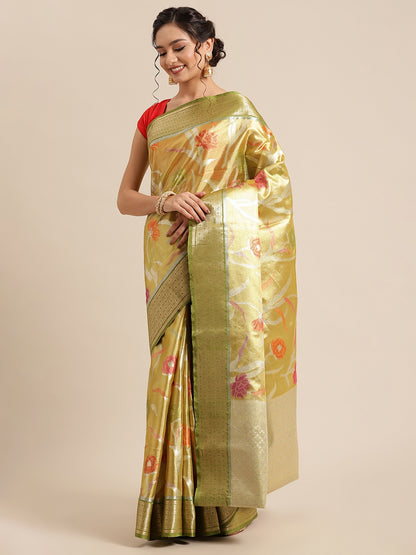 Faishana Presents Gold & Green Tissue Meena Jaal Border With Green Blouse Banarasi Saree