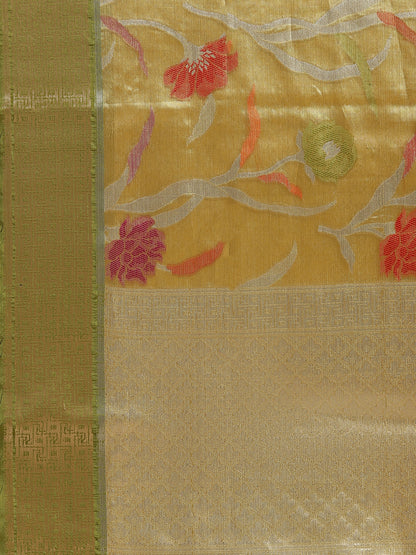 Faishana Presents Gold & Green Tissue Meena Jaal Border With Green Blouse Banarasi Saree